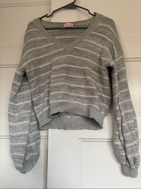 Pink Lily Striped V Neck Bishop Sleeve Sweater
